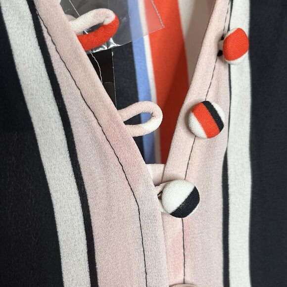 Express Portofino Slim Vertical Striped Ruffled Shirt Womens XS Career - Picture 4 of 9